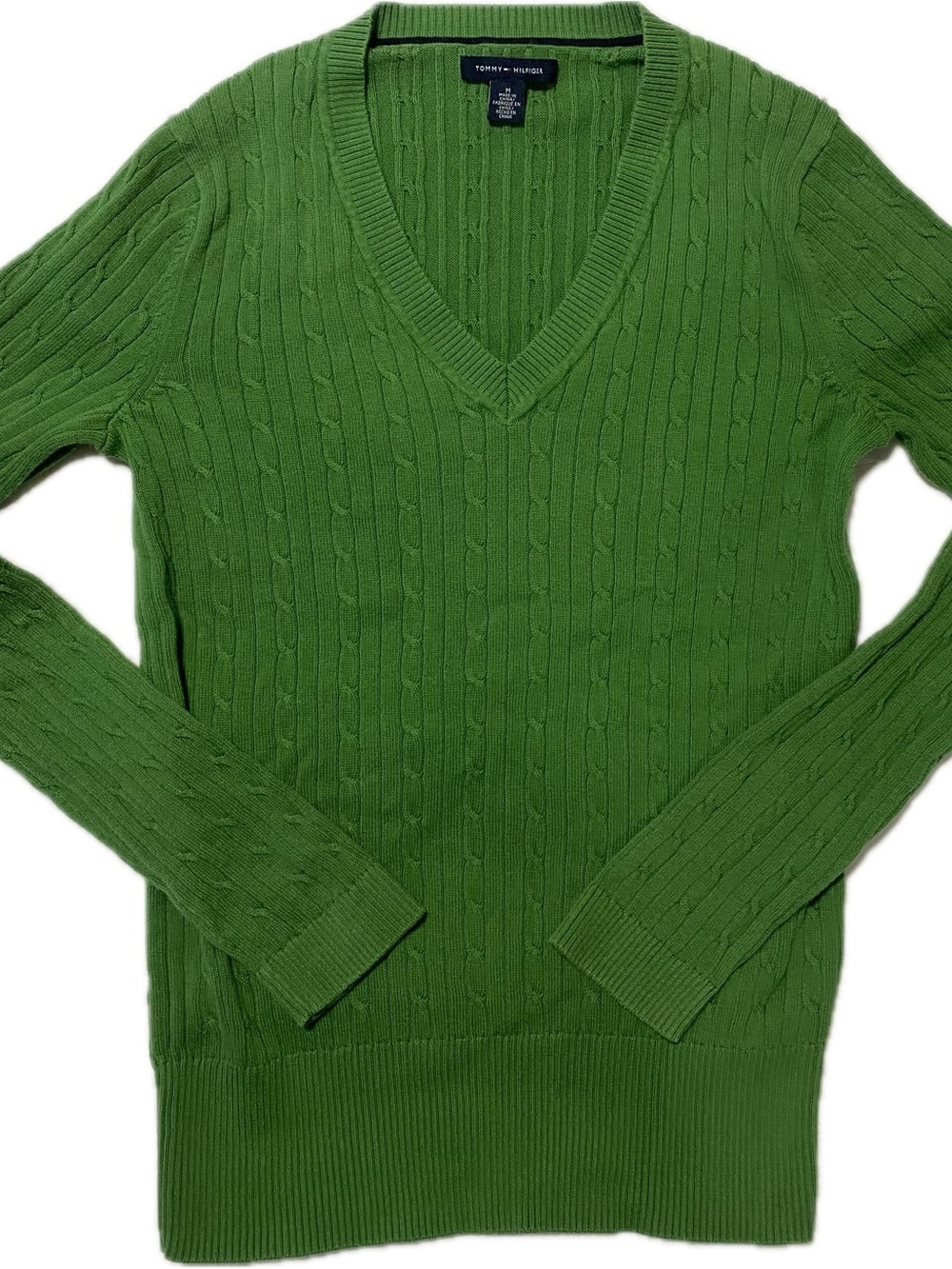 Tommy Hilfiger Bright Green Cable-Knit V-Neck Sweater